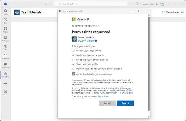 Berechtigungseinwilligungsbildschirm
