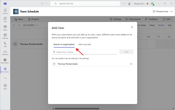 Teammitglieder aus Organisation hinzufügen